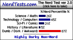 NerdTests.com says I'm a Highly Dorky Non-Nerd.  Click here to take the Nerd Test, get nerdy images and jokes, and write on the nerd forum!