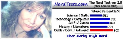 NerdTests.com says I'm an Uber-Dorky High Nerd.  What are you?  Click here!