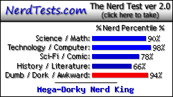 NerdTests.com says I'm a Mega-Dorky Nerd King.  Click here to take the Nerd Test, get geeky images and jokes, and write on the nerd forum!