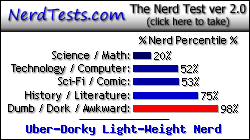 NerdTests.com says I'm an Uber-Dorky Light-Weight Nerd.  Click here to take the Nerd Test, get nerdy images and jokes, and talk to others on the nerd forum!
