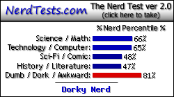 NerdTests.com says I'm a Dorky Nerd.  Click here to take the Nerd Test, get geeky images and jokes, and talk to others on the nerd forum!