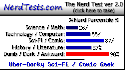 NerdTests.com says I'm an Uber-Dorky Sci-Fi / Comic Geek.  Click here to take the Nerd Test, get geeky images and jokes, and talk to others on the nerd forum!