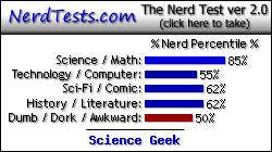NerdTests.com says I'm a Science Geek.  Click here to take the Nerd Test, get nerdy images and jokes, and write on the nerd forum!