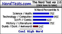 NerdTests.com says I'm a Cool High Nerd.  Click here to take the Nerd Test, get nerdy images and jokes, and talk to others on the nerd forum!
