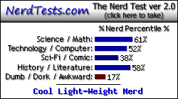NerdTests.com says I'm a Cool Light-Weight Nerd.  What are you?  Click here!