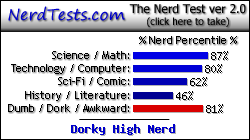 NerdTests.com says I'm a Dorky High Nerd.  Click here to take the Nerd Test, get geeky images and jokes, and write on the nerd forum!