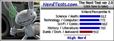 NerdTests.com says I'm a High Nerd.  Click to take the Nerd Test, get geeky images and jokes, and talk to other nerds on the nerd forum!