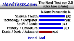 NerdTests.com says I'm a Nerd God.  Click here to take the Nerd Test, get geeky images and jokes, and talk to others on the nerd forum!
