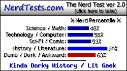 NerdTests.com says I'm a Kinda Dorky History / Lit Geek. Click here to take the Nerd Test, get geeky images and jokes, and talk to others on the nerd forum!