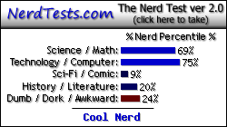 NerdTests.com says I'm a Cool Nerd.  Click here to take the Nerd Test, get geeky images and jokes, and talk to others on the nerd forum!
