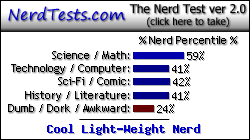 NerdTests.com says I'm a Cool Light-Weight Nerd.  Click here to take the Nerd Test, get geeky images and jokes, and talk to others on the nerd forum!