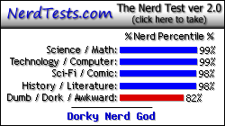 NerdTests.com says I'm a Dorky Nerd God.  Click here to take the Nerd Test, get geeky images and jokes, and write on the nerd forum!