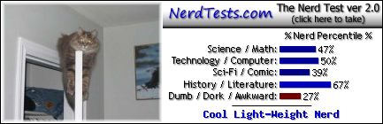 NerdTests.com says I'm a Cool Light-Weight Nerd.  What are you?  Click here!