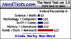 NerdTests.com says I'm a Kinda Dorky Non-Nerd.  Click here to take the Nerd Test, get nerdy images and jokes, and talk to others on the nerd forum!