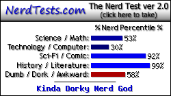 NerdTests.com says I'm a Kinda Dorky Nerd God.  What are you?  Click here!