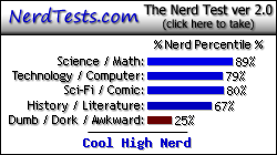 NerdTests.com says I'm a Cool High Nerd. Click here to
            take the Nerd Test, get geeky images and jokes, and talk to
            others on the nerd forum!