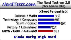 NerdTests.com says I'm a Kinda Dorky High Nerd.  Click here to take the Nerd Test, get nerdy images and jokes, and write on the nerd forum!