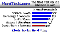 NerdTests.com says I'm a Kinda Dorky Nerd King.