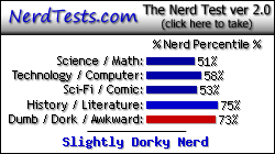 NerdTests.com says I'm a Slightly Dorky Nerd.  Click here to take the Nerd Test, get nerdy images and jokes, and talk to others on the nerd forum!