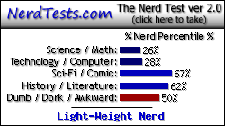 NerdTests.com says I'm a Light-Weight Nerd.  Click here to take the Nerd Test, get nerdy images and jokes, and talk to others on the nerd forum!