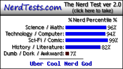 NerdTests.com says I'm an Uber Cool Nerd God.  Click here to take the Nerd Test, get nerdy images and jokes, and talk to others on the nerd forum!