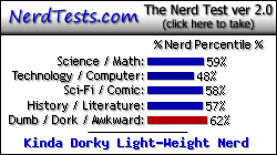 NerdTests.com says I'm a Kinda Dorky Light-Weight Nerd.  Click here to take the Nerd Test, get geeky images and jokes, and write on the nerd forum!