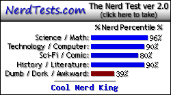 NerdTests.com says I'm a Cool Nerd King.  Click here to take the Nerd Test, get geeky images and jokes, and talk to others on the nerd forum!