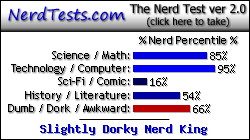 NerdTests.com says I'm a Slightly Dorky Nerd King.  What are you?
 Click here!