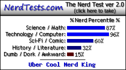 NerdTests.com says I'm an Uber Cool Nerd King.  What are you?  Click here!