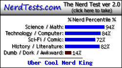 NerdTests.com says I'm an Uber Cool Nerd King.  Click here to take the Nerd Test, get geeky images and jokes, and write on the nerd forum!