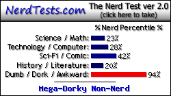 NerdTests.com says I'm a Mega-Dorky Non-Nerd.  Click here to take the Nerd Test, get geeky images and jokes, and talk to others on the nerd forum!