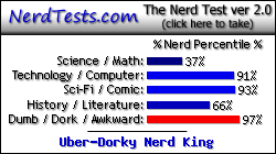 NerdTests.com says I'm an Uber-Dorky Nerd King.  Click here to take the Nerd Test, get geeky images and jokes, and write on the nerd forum!