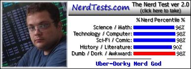 NerdTests.com says I'm an Uber-Dorky Nerd God.  Click to take the Nerd Test, get geeky images and jokes, and talk to other nerds on the nerd forum!