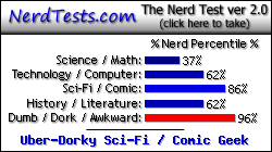 NerdTests.com says I'm an Uber-Dorky Sci-Fi / Comic Geek.  Click here to take the Nerd Test, get geeky images and jokes, and talk to others on the nerd forum!