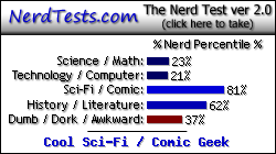 NerdTests.com says I'm a Cool Sci-Fi / Comic Geek.  Click here to take the Nerd Test, get nerdy images and jokes, and talk to others on the nerd forum!
