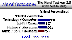 NerdTests.com says I'm a Cool Non-Nerd.  Click here to take the Nerd Test, get nerdy images and jokes, and write on the nerd forum!