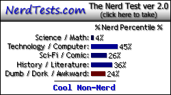 NerdTests.com says I'm a Cool Non-Nerd. Click here to take the Nerd Test, get nerdy images and jokes, and write on the nerd forum!