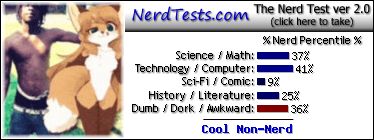 NerdTests.com says I'm a Cool Non-Nerd.  Click to take the Nerd Test, get nerdy images and jokes, and talk to other nerds on the nerd forum!
