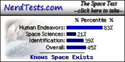 The NerdTests' Space Test says I'm a Knows Space Exists.  What kind of space nerd are you?  Click here!