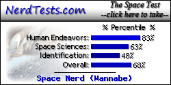 The NerdTests' Space Quiz says I'm a Space Nerd (Wannabe).  What kind of space nerd are you?  Click here!