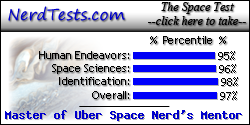 The NerdTests' Space Test says I'm a Master of Uber Space Nerd's Mentor.  What kind of space nerd are you?  Click here!