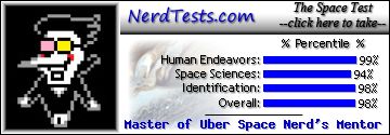 The NerdTests' Space Quiz says I'm a Master of Uber Space Nerd's Mentor.  What kind of space nerd are you?  Click here!