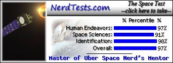 The NerdTests' Space Test says I'm a Master of Uber Space Nerd's Mentor.  What kind of space nerd are you?  Click here!