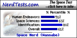 The NerdTests' Space Quiz says I'm a Space Nerd (Wannabe). What kind of space nerd are you? Click here!