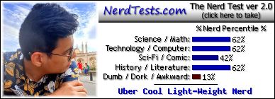 NerdTests.com says I'm an Uber Cool Light-Weight Nerd. Click to take the Nerd Test, get nerdy images and jokes, and write on the nerd forum!
