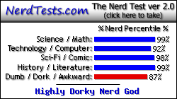 NerdTests.com says I'm a Highly Dorky Nerd God.  Click here to take the Nerd Test, get geeky images and jokes, and write on the nerd forum!
