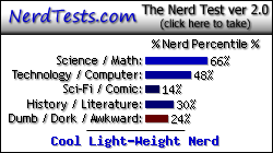 NerdTests.com says I'm a Cool Light-Weight Nerd.  Click here to take the Nerd Test, get geeky images and jokes, and write on the nerd forum!