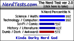 NerdTests.com says I'm a Kinda Dorky Nerd God.  What are you?  Click here!