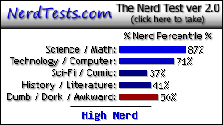 NerdTests.com says I'm a High Nerd.  Click here to take the Nerd Test, get nerdy images and jokes, and write on the nerd forum!