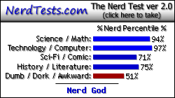 NerdTests.com says I'm a Nerd God.  Click here to take the Nerd Test, get nerdy images and jokes, and talk to others on the nerd forum!